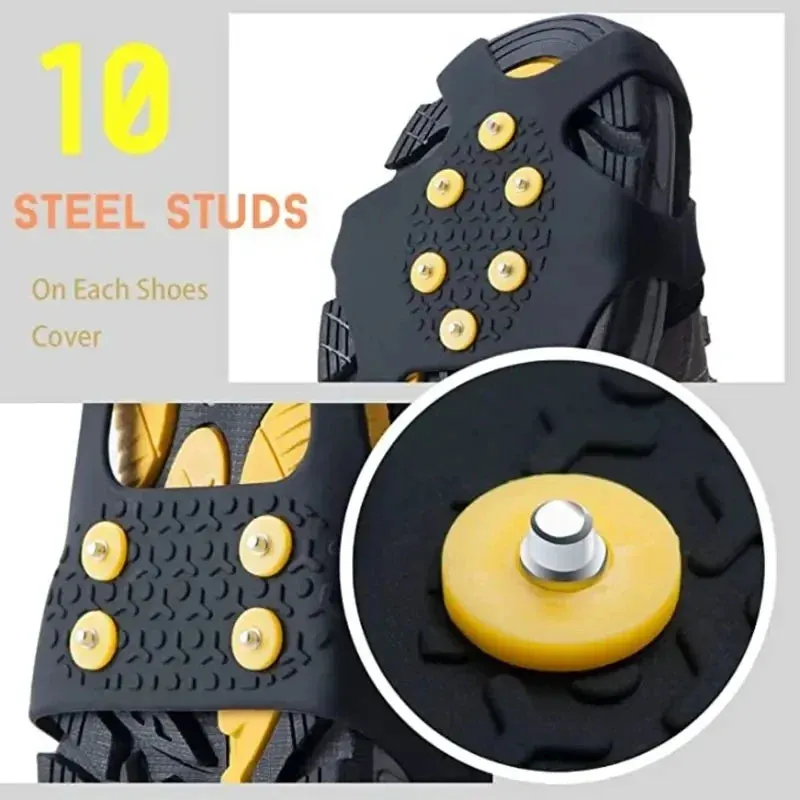 2pcs 10 Steel Studs Crampons Snow Grips Cleats for Ice and Snow Anti-Slip Rubber Traction Spike Shoes Outdoor Mountaineering
