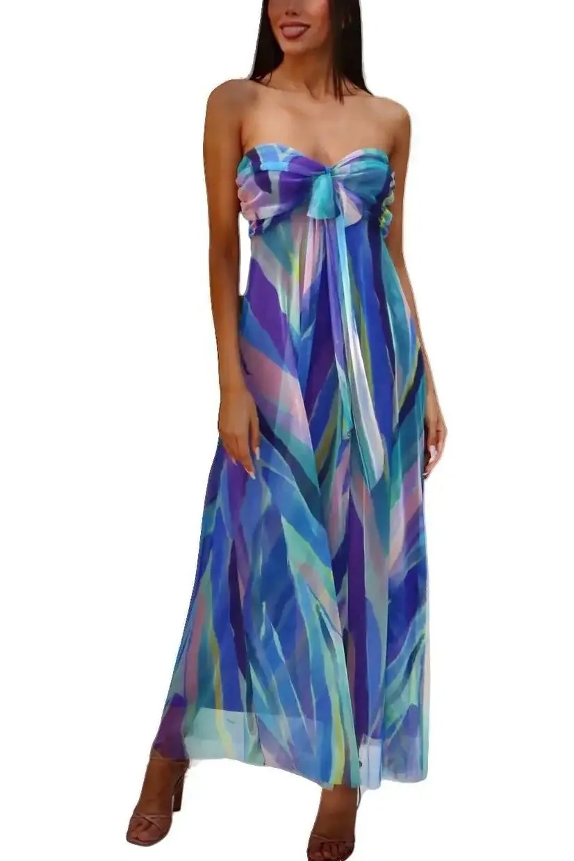 AQUARELLE Long Strapless Flared Empire Mesh Print Dress