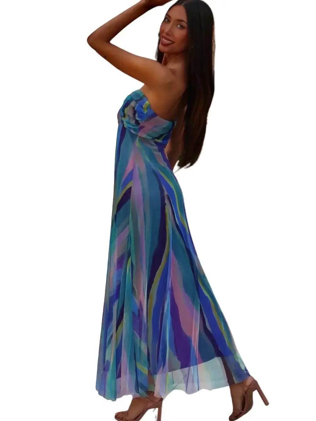 AQUARELLE Long Strapless Flared Empire Mesh Print Dress