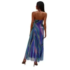 AQUARELLE Long Strapless Flared Empire Mesh Print Dress