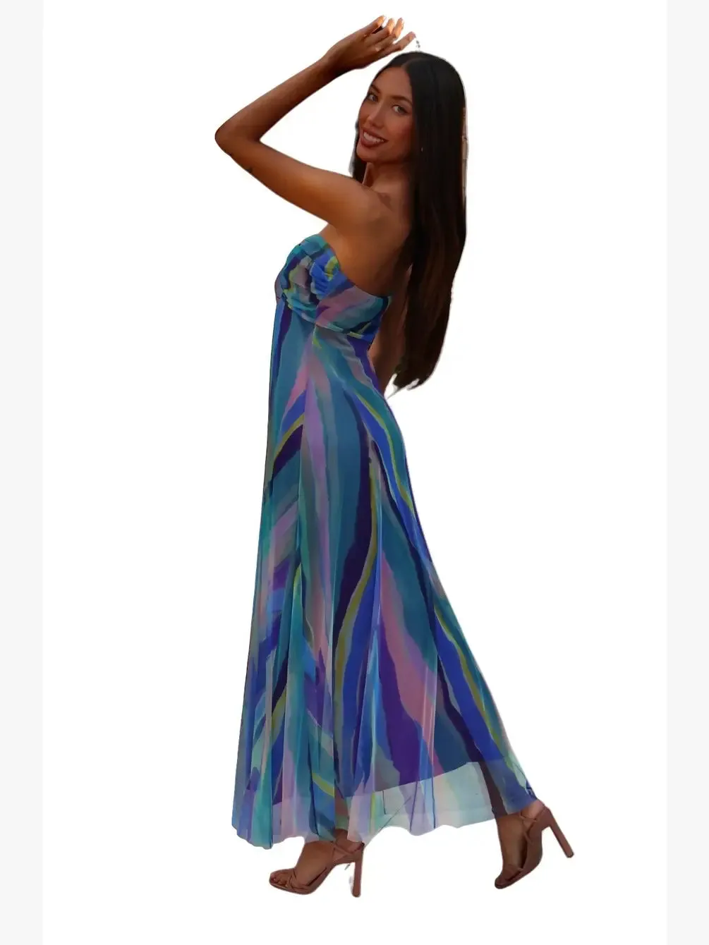 AQUARELLE Long Strapless Flared Empire Mesh Print Dress