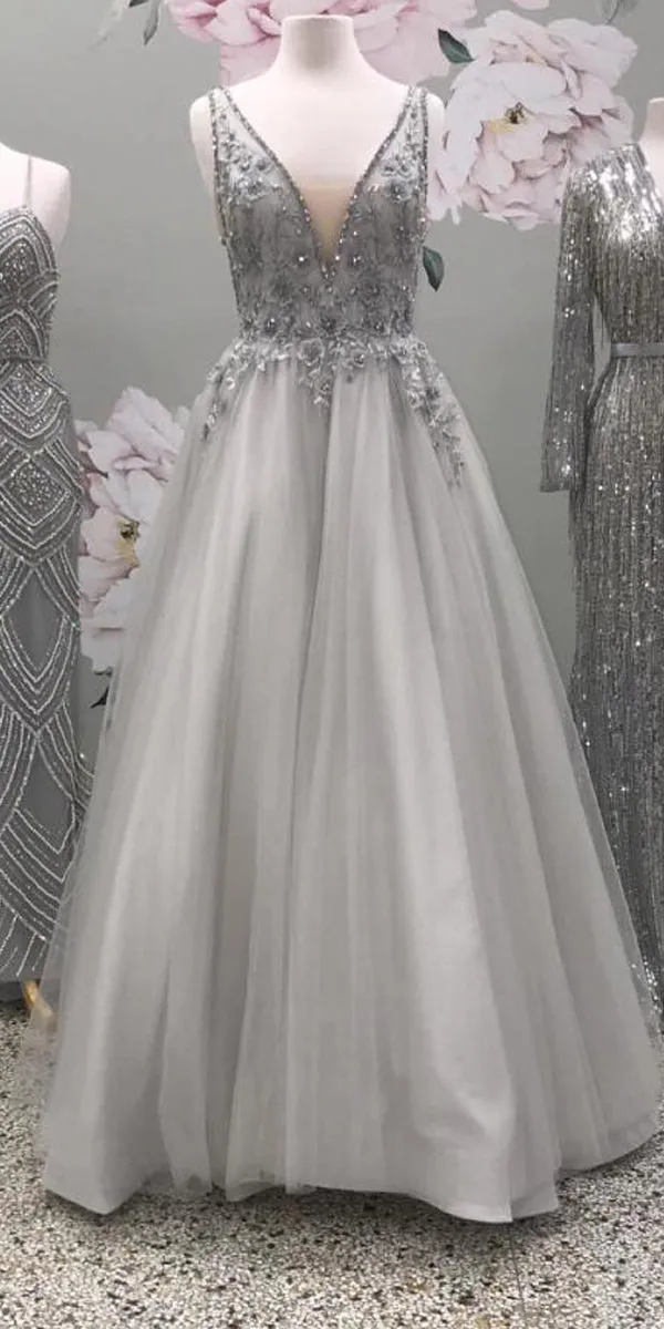 Beaded V Neck Tulle Gray Evening Party Long Prom Dresses, WP014
