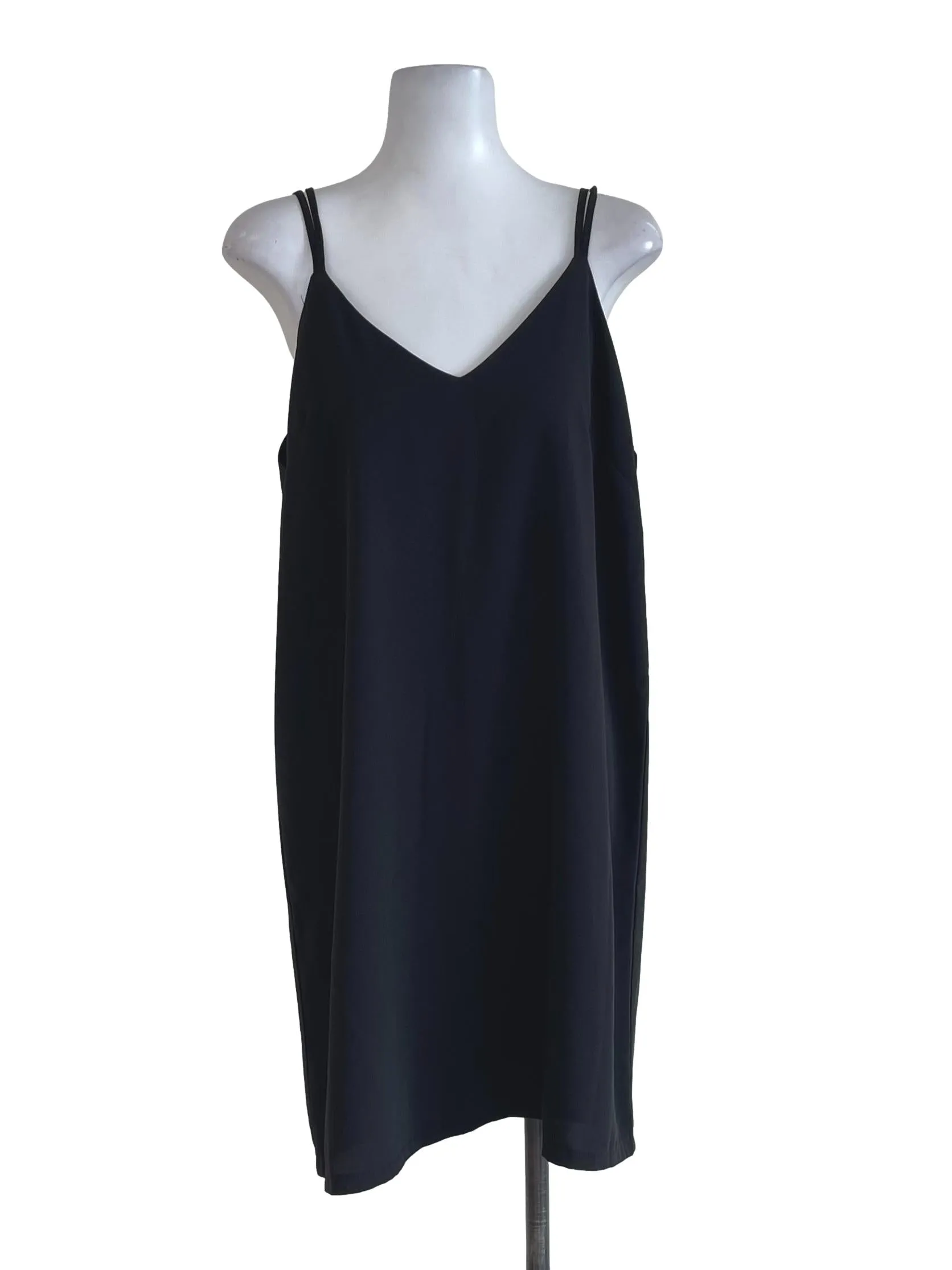 Black Double Strap V Neck Shift Dress