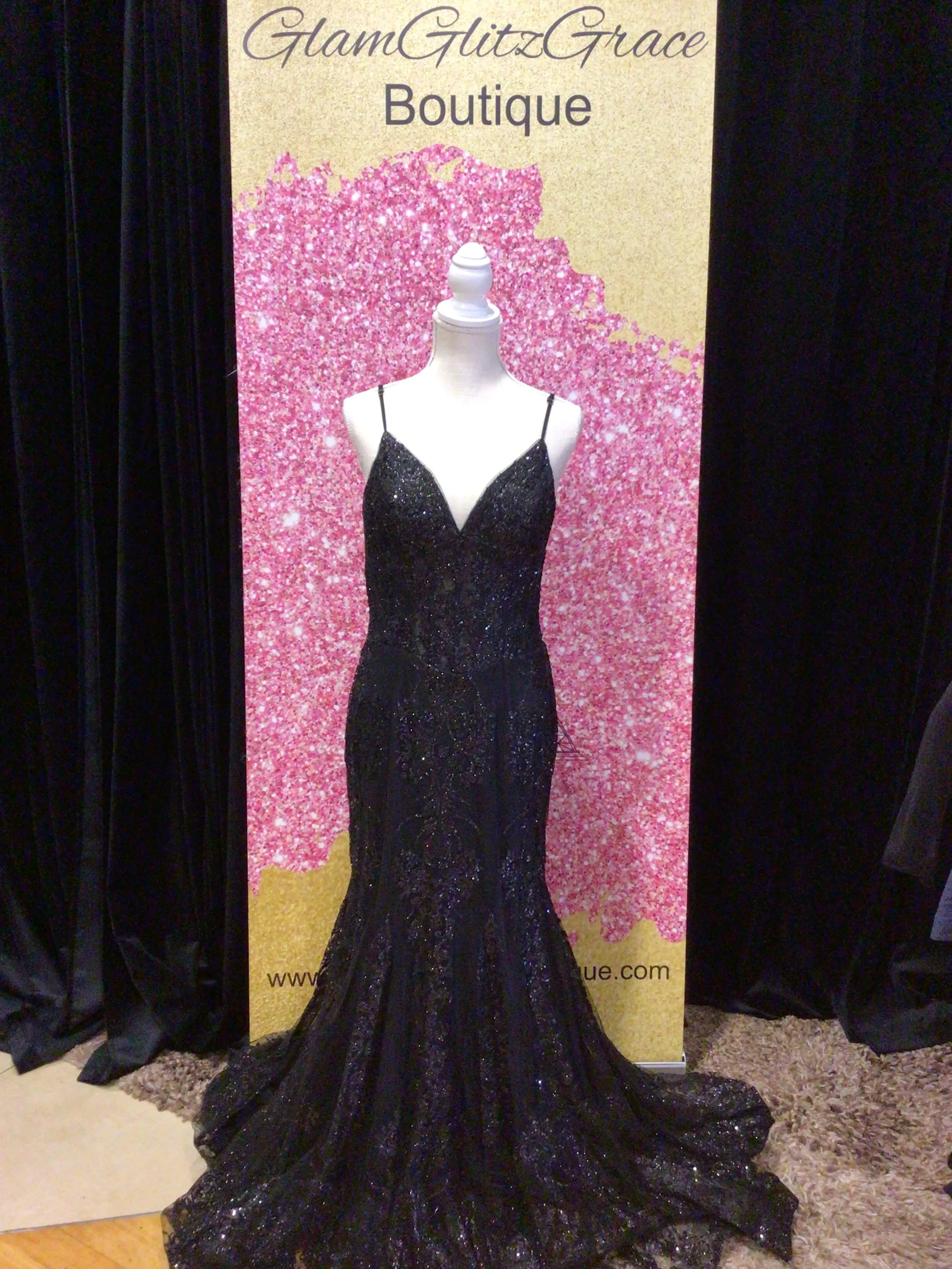 Black Spaghetti Strap V-Cut Sequin Mesh Dress