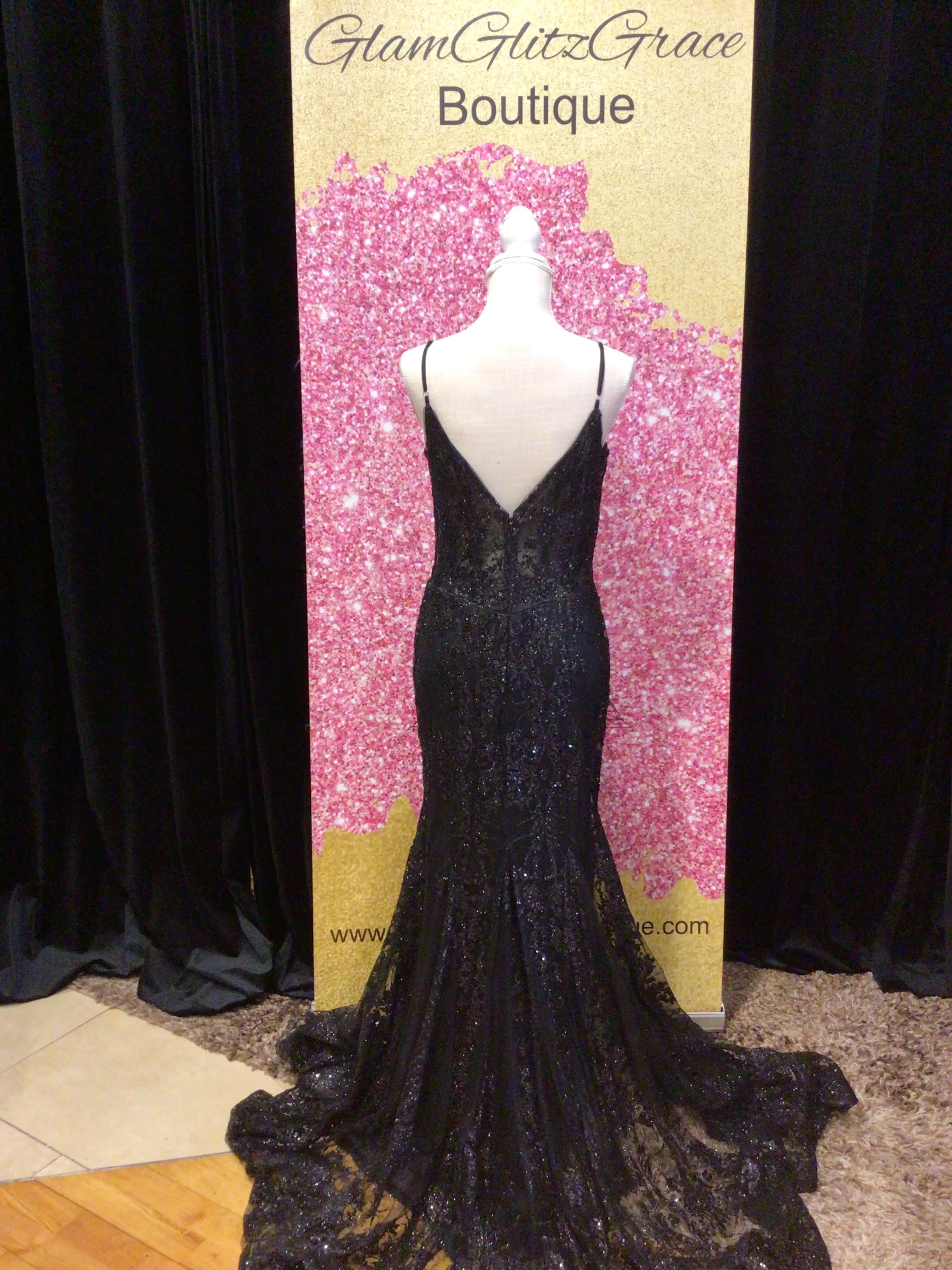 Black Spaghetti Strap V-Cut Sequin Mesh Dress