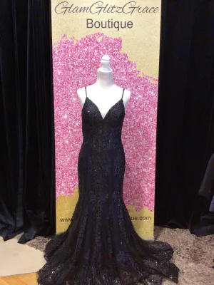Black Spaghetti Strap V-Cut Sequin Mesh Dress