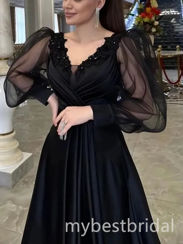 Black V-neck Long Sleeves Lace Applique A-line Long Prom Dress,PDS11678