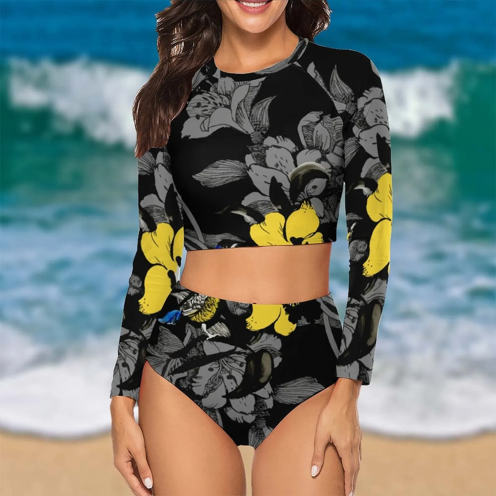 Black-yellow Floral 2 Piece Sun Protection Bikini Swimwear