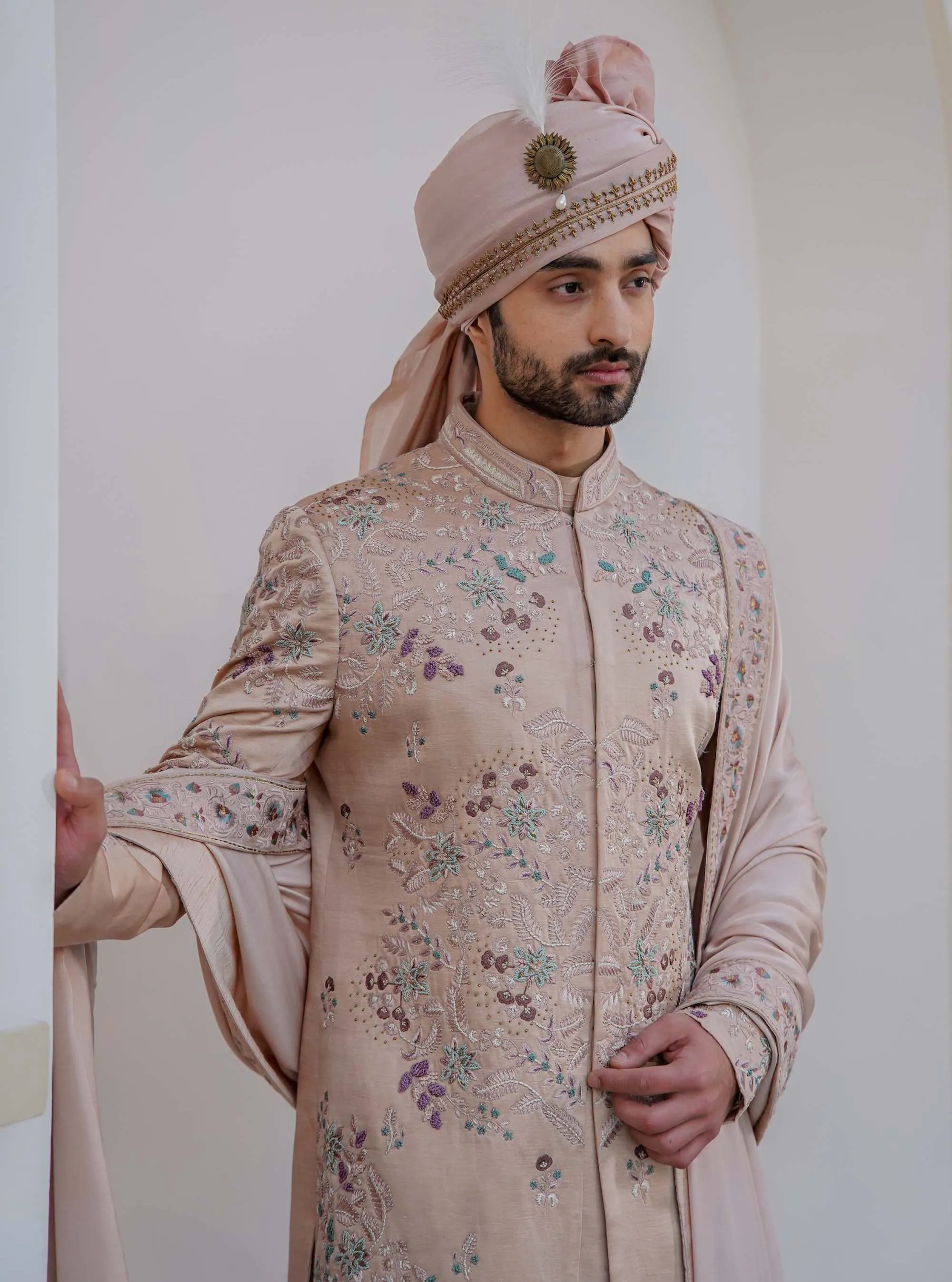 Blush Pink Embroidered Sherwani Set