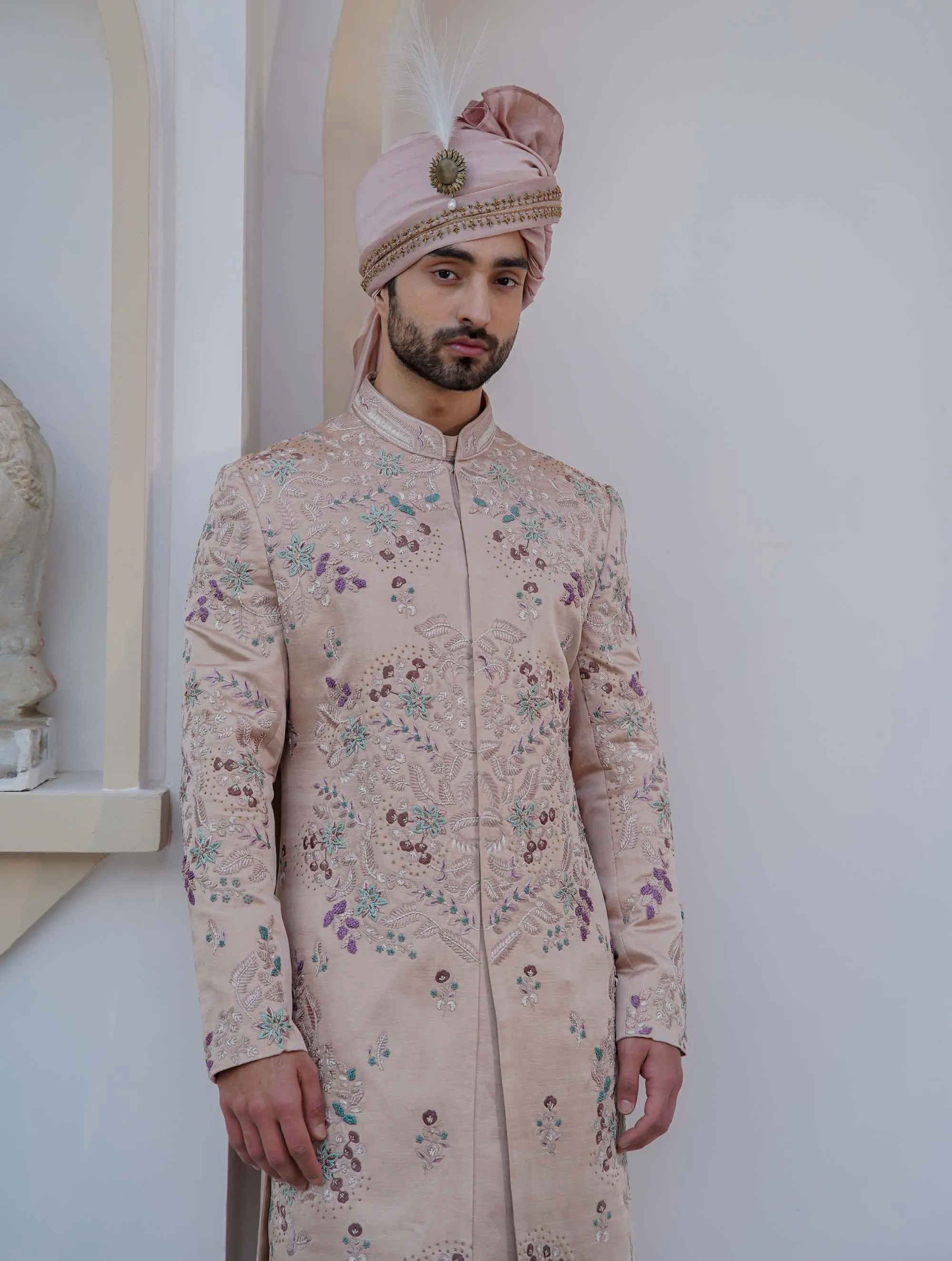 Blush Pink Embroidered Sherwani Set