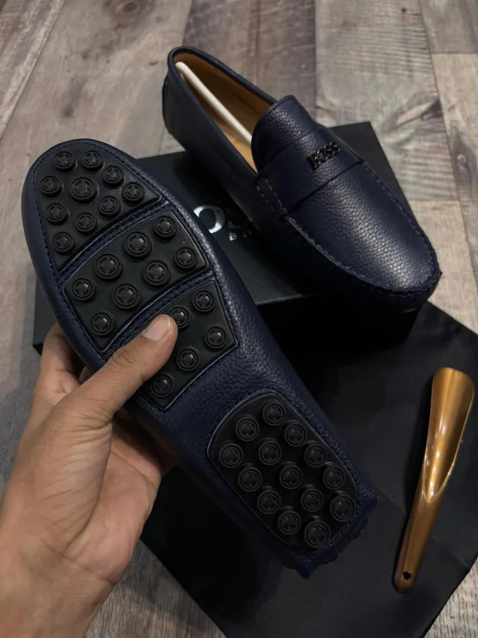 BOSS || Men's Noel Nappa-Leather Driving Moccasins With Metal Logo - BLUE