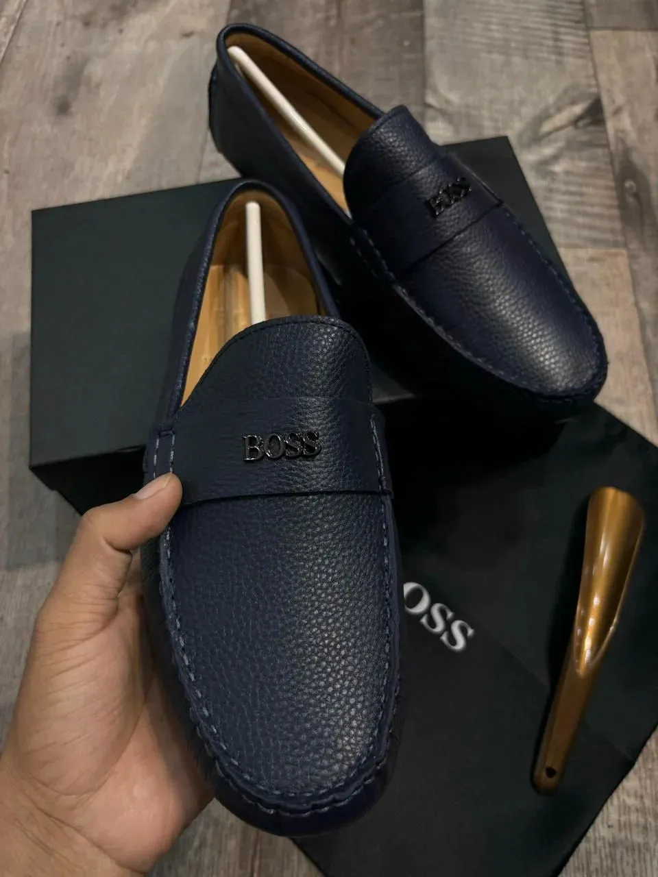 BOSS || Men's Noel Nappa-Leather Driving Moccasins With Metal Logo - BLUE