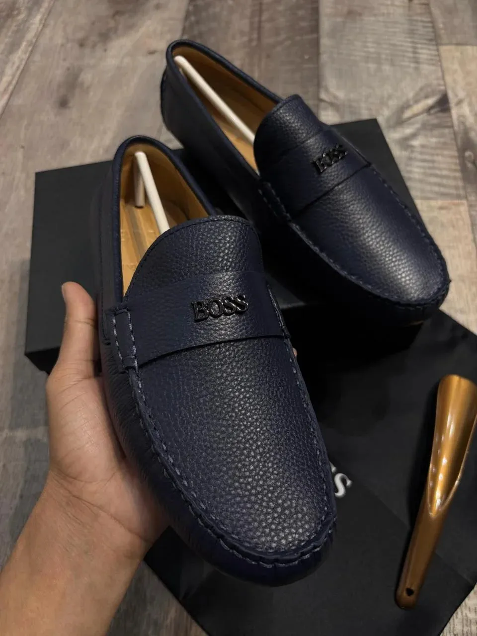 BOSS || Men's Noel Nappa-Leather Driving Moccasins With Metal Logo - BLUE