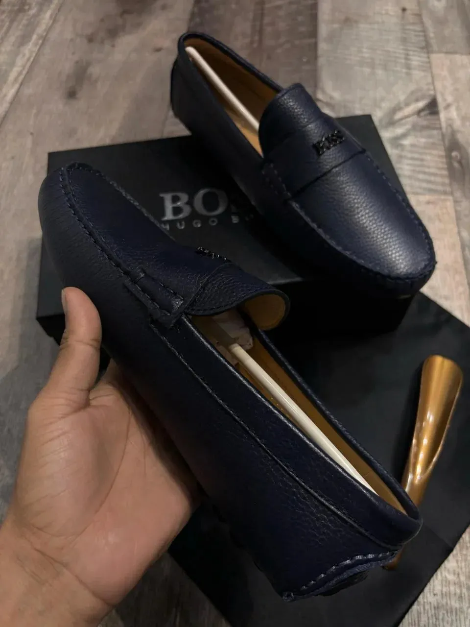 BOSS || Men's Noel Nappa-Leather Driving Moccasins With Metal Logo - BLUE