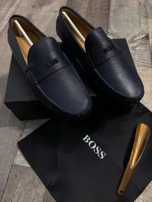 BOSS || Men's Noel Nappa-Leather Driving Moccasins With Metal Logo - BLUE