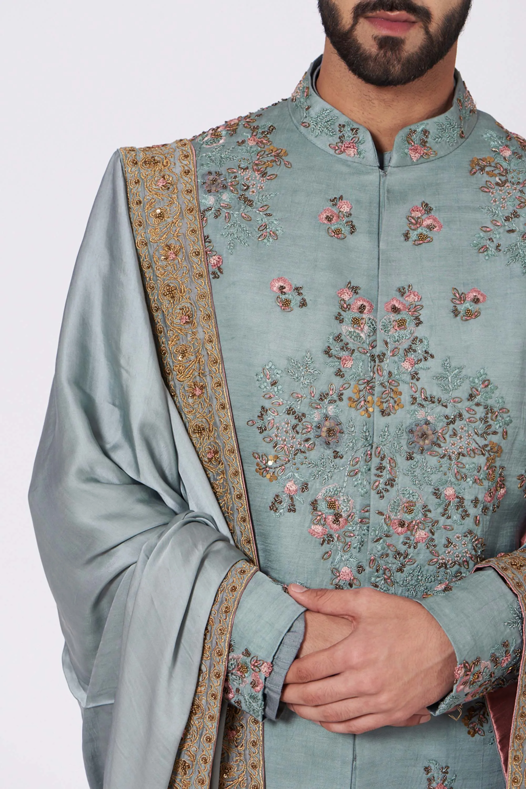 Chateau Grey Silk Sherwani Set