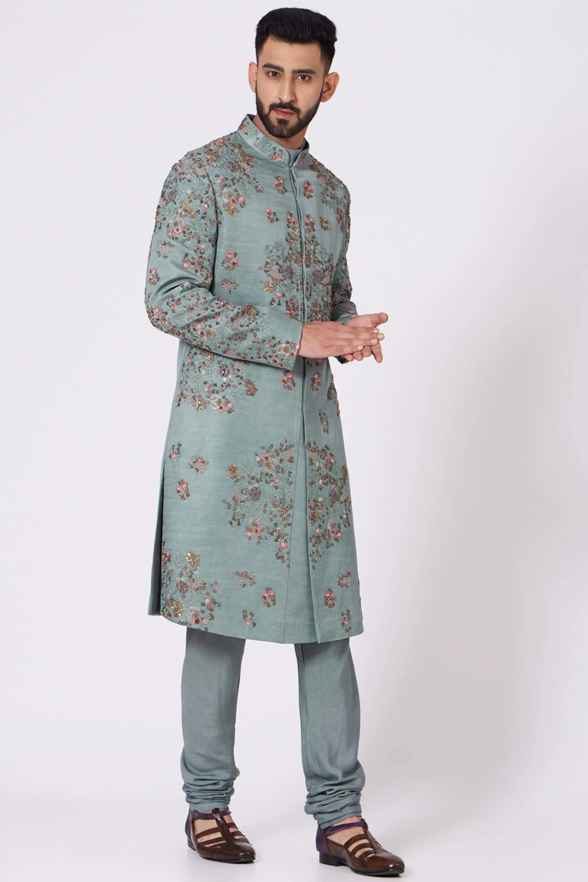 Chateau Grey Silk Sherwani Set