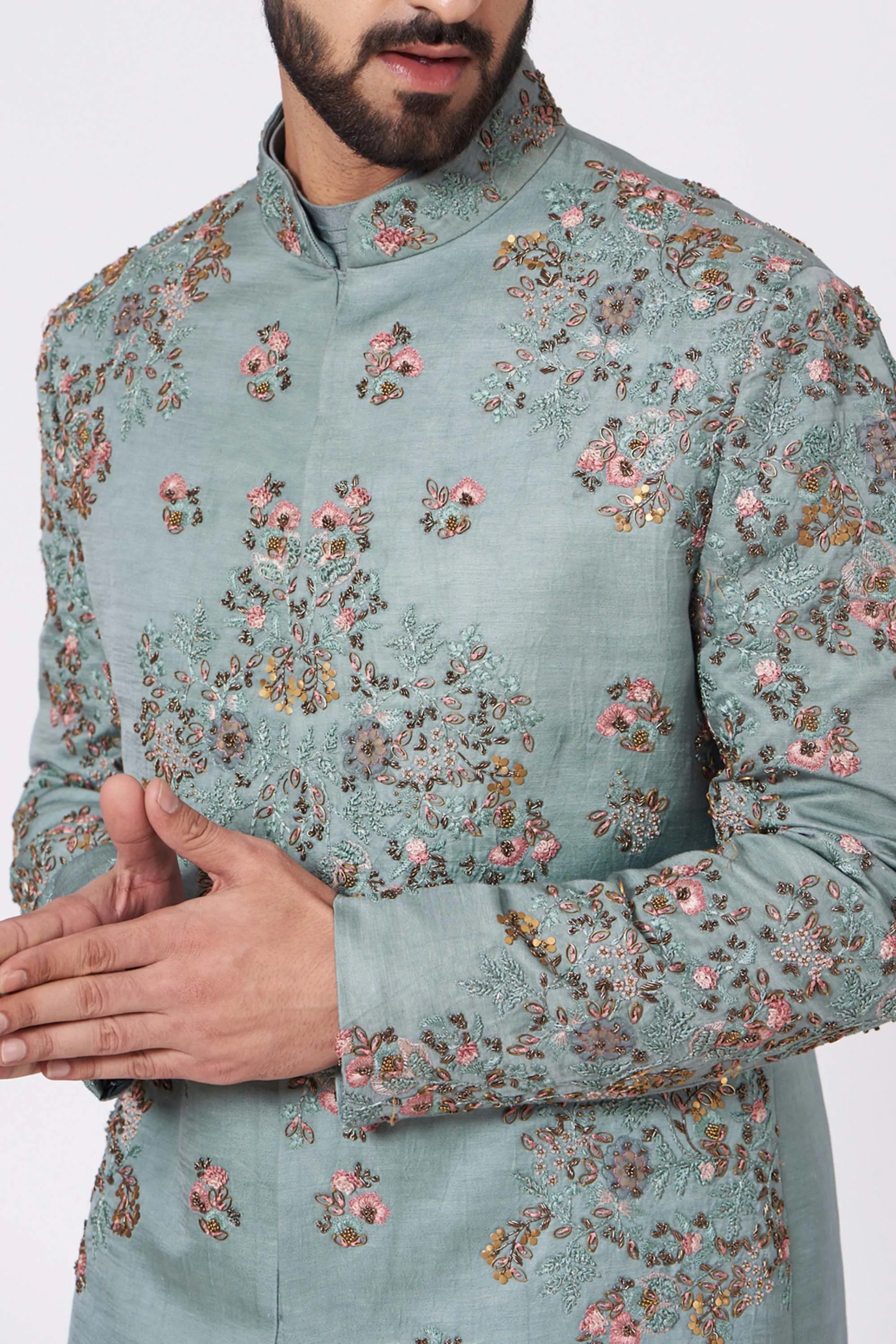 Chateau Grey Silk Sherwani Set