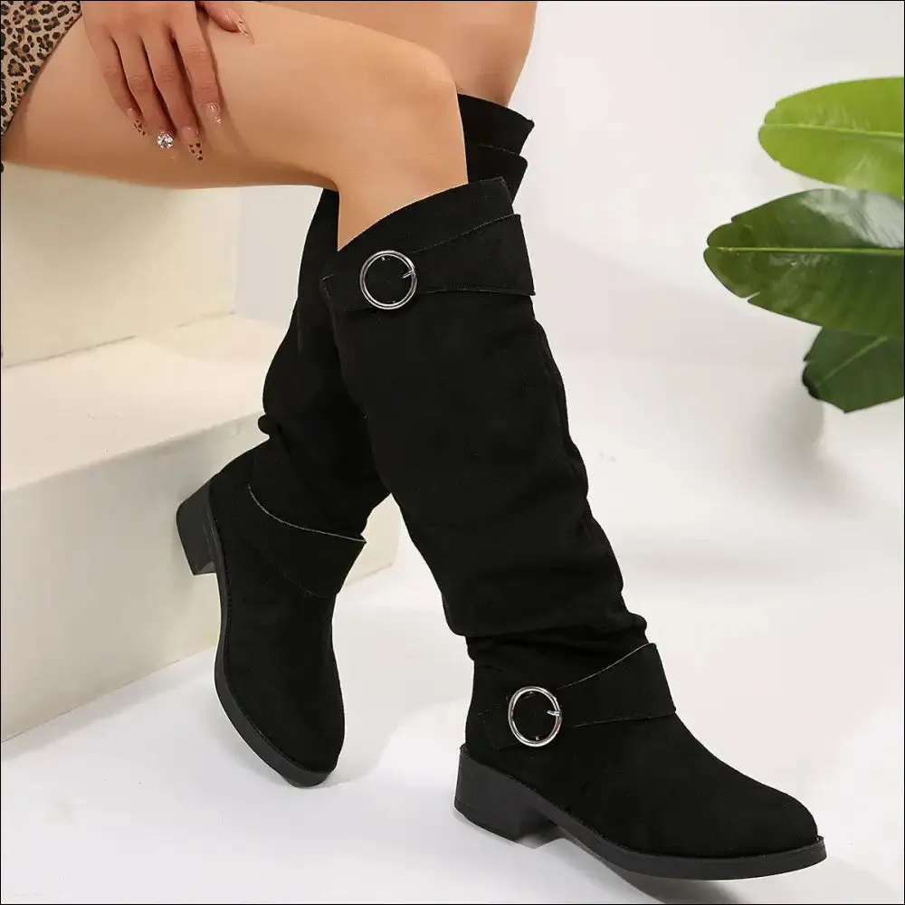 Chic Buckle Round Toe Block Heel Boots