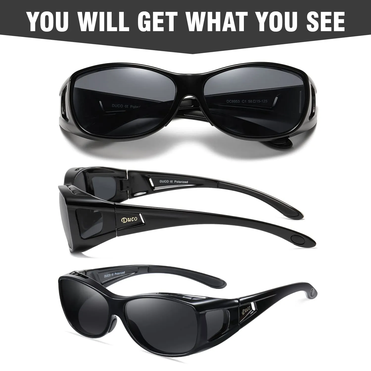 DUCO Wraparound Fitover Glasses Polarized Wear Over Sunglasses for Men Women UV Protection Sun Glasses Driving 8953 (M Size Black Frame Gray Lens)