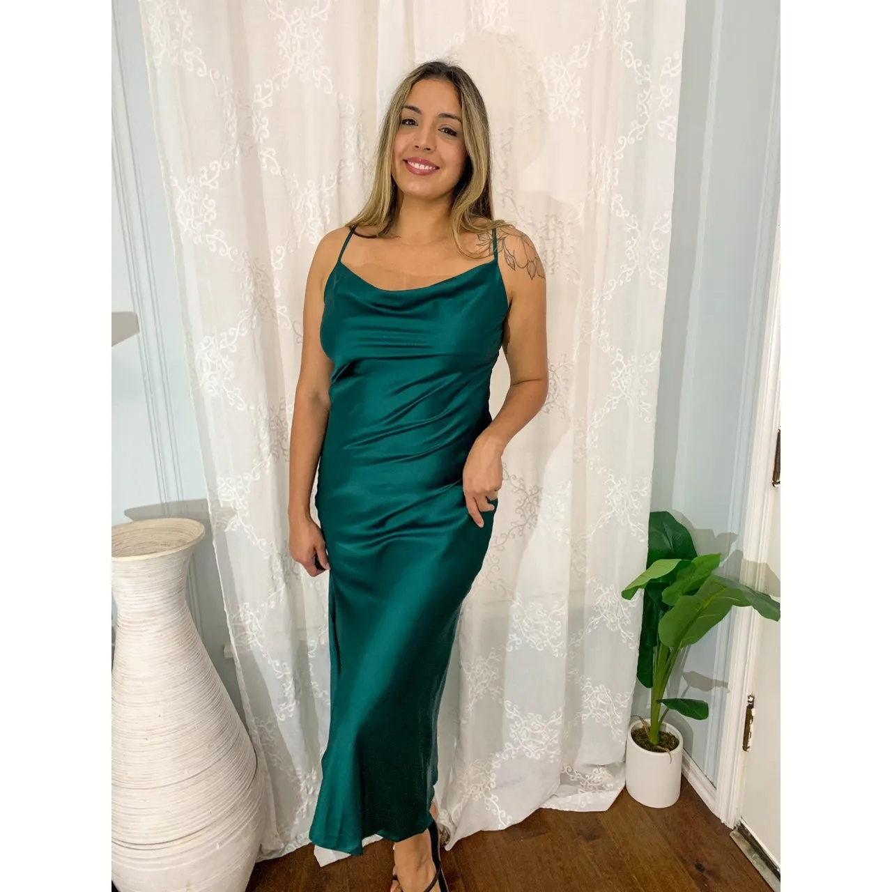 Ever So Satin Cowl Neck Dress - Sea Green