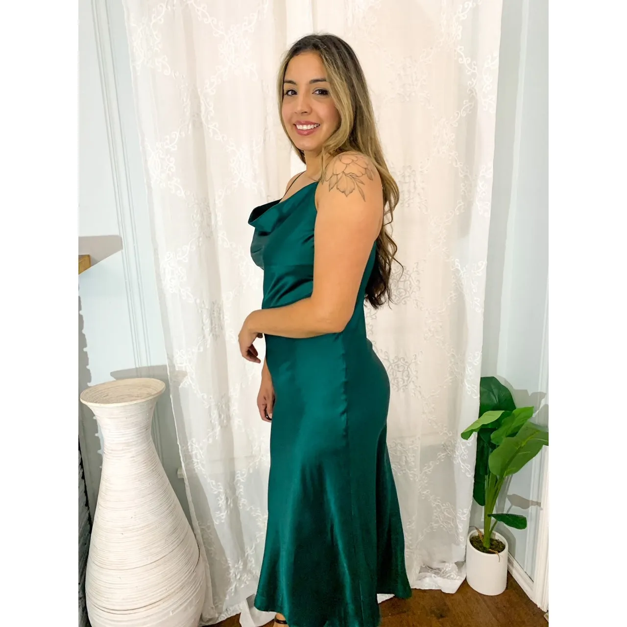 Ever So Satin Cowl Neck Dress - Sea Green
