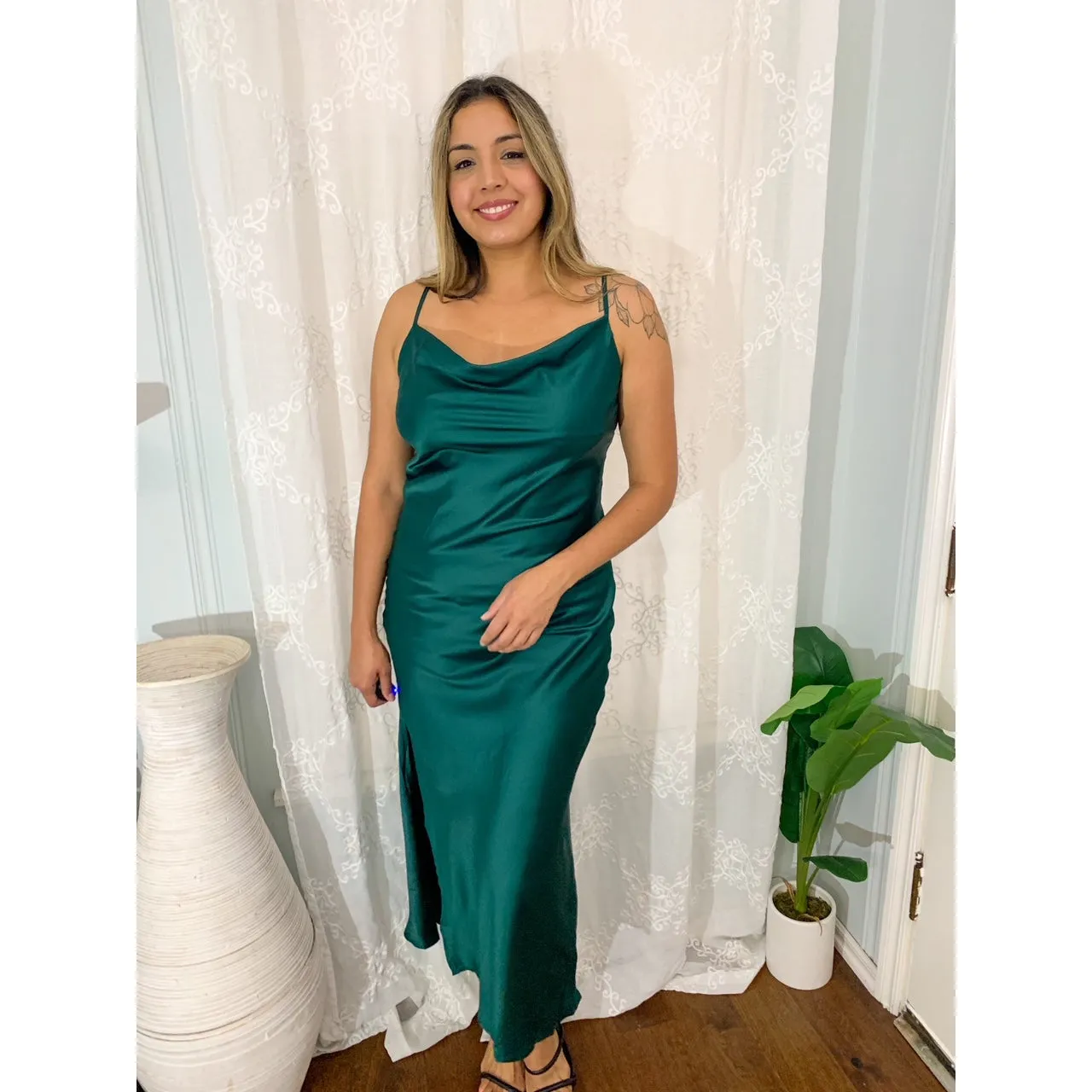 Ever So Satin Cowl Neck Dress - Sea Green