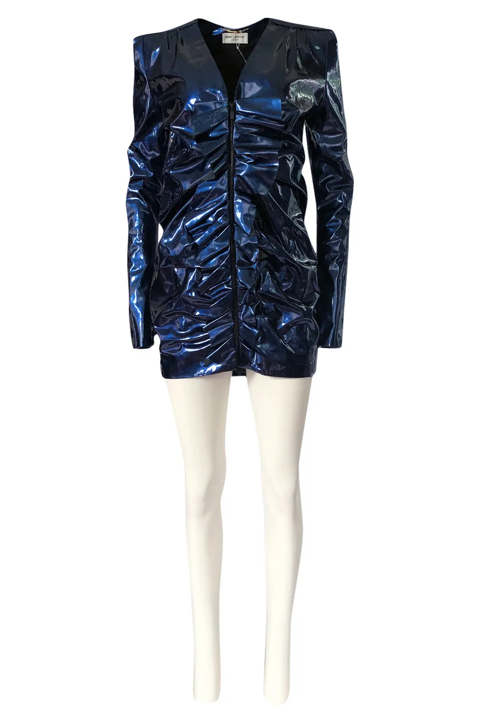 Fall 2017 Yves Saint Laurent Blue Patent Leather Ruffled Runway Dress