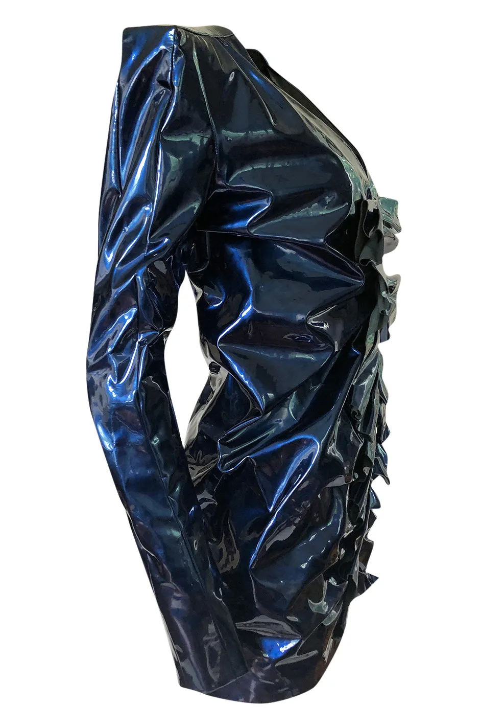 Fall 2017 Yves Saint Laurent Blue Patent Leather Ruffled Runway Dress