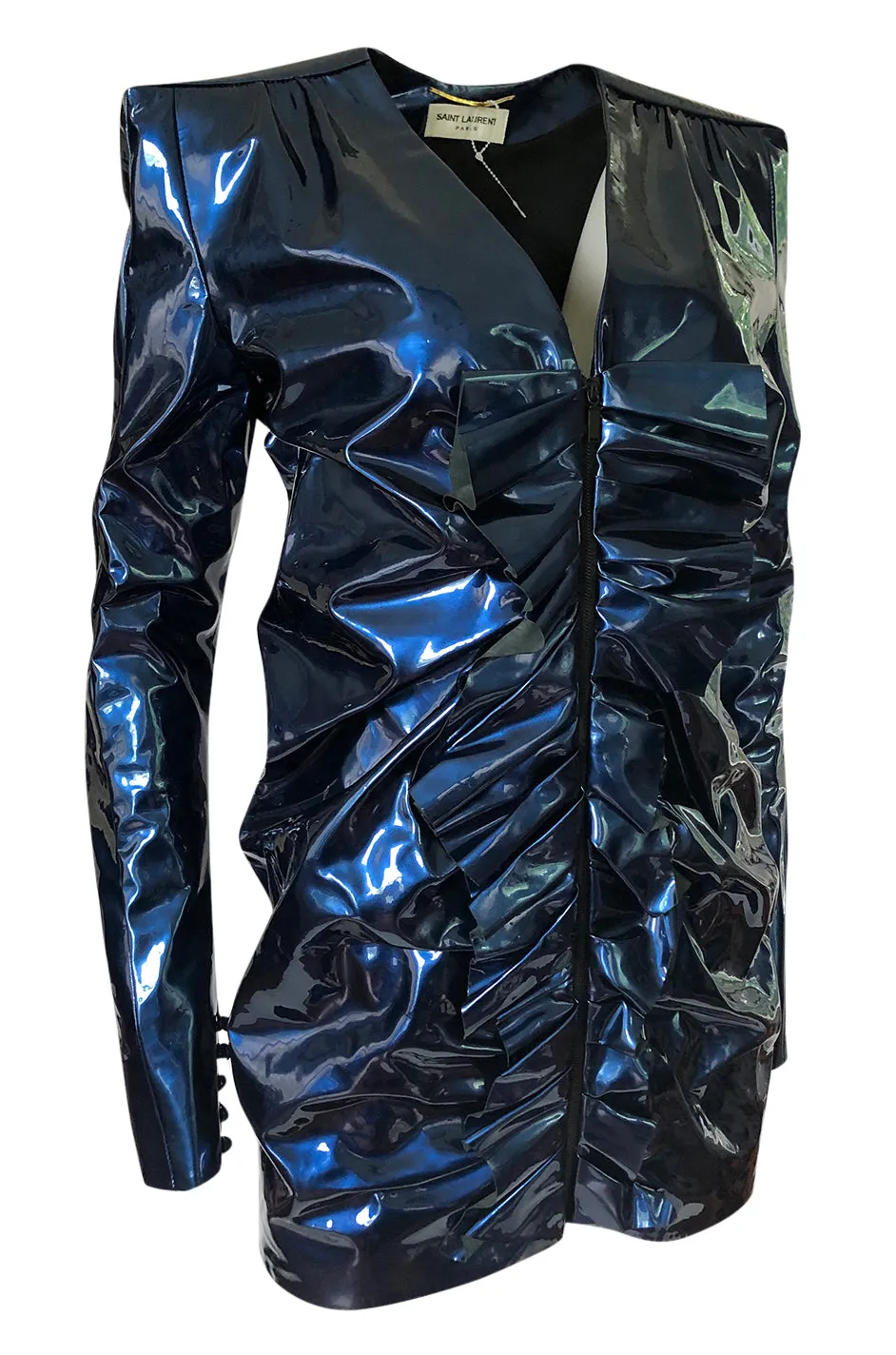 Fall 2017 Yves Saint Laurent Blue Patent Leather Ruffled Runway Dress