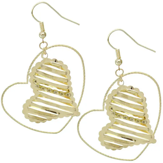 Gold Striped Rhinestone Heart Earrings
