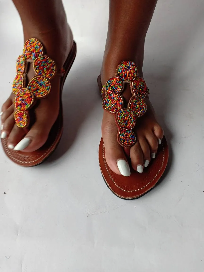 Handmade African Beaded Sandals/Authentic Maasai-Style Leather Flip-Flops Women/Boho Beach Sandals/Comfortable Summer Sandal African Gifts
