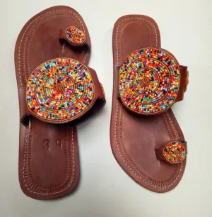 Handmade African Beaded Sandals/Authentic Maasai-Style Leather Flip-Flops Women/Boho Beach Sandals/Comfortable Summer Sandal African Gifts