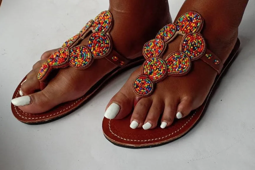 Handmade African Beaded Sandals/Authentic Maasai-Style Leather Flip-Flops Women/Boho Beach Sandals/Comfortable Summer Sandal African Gifts
