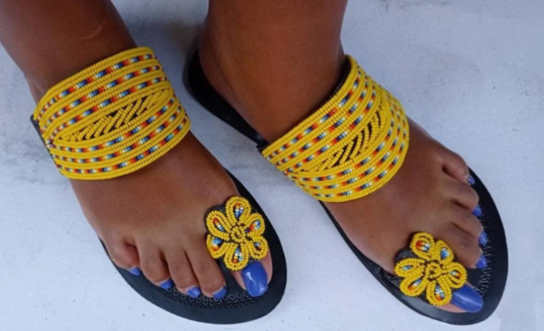 Handmade African Beaded Sandals/Authentic Maasai-Style Leather Flip-Flops Women/Boho Beach Sandals/Comfortable Summer Sandal African Gifts
