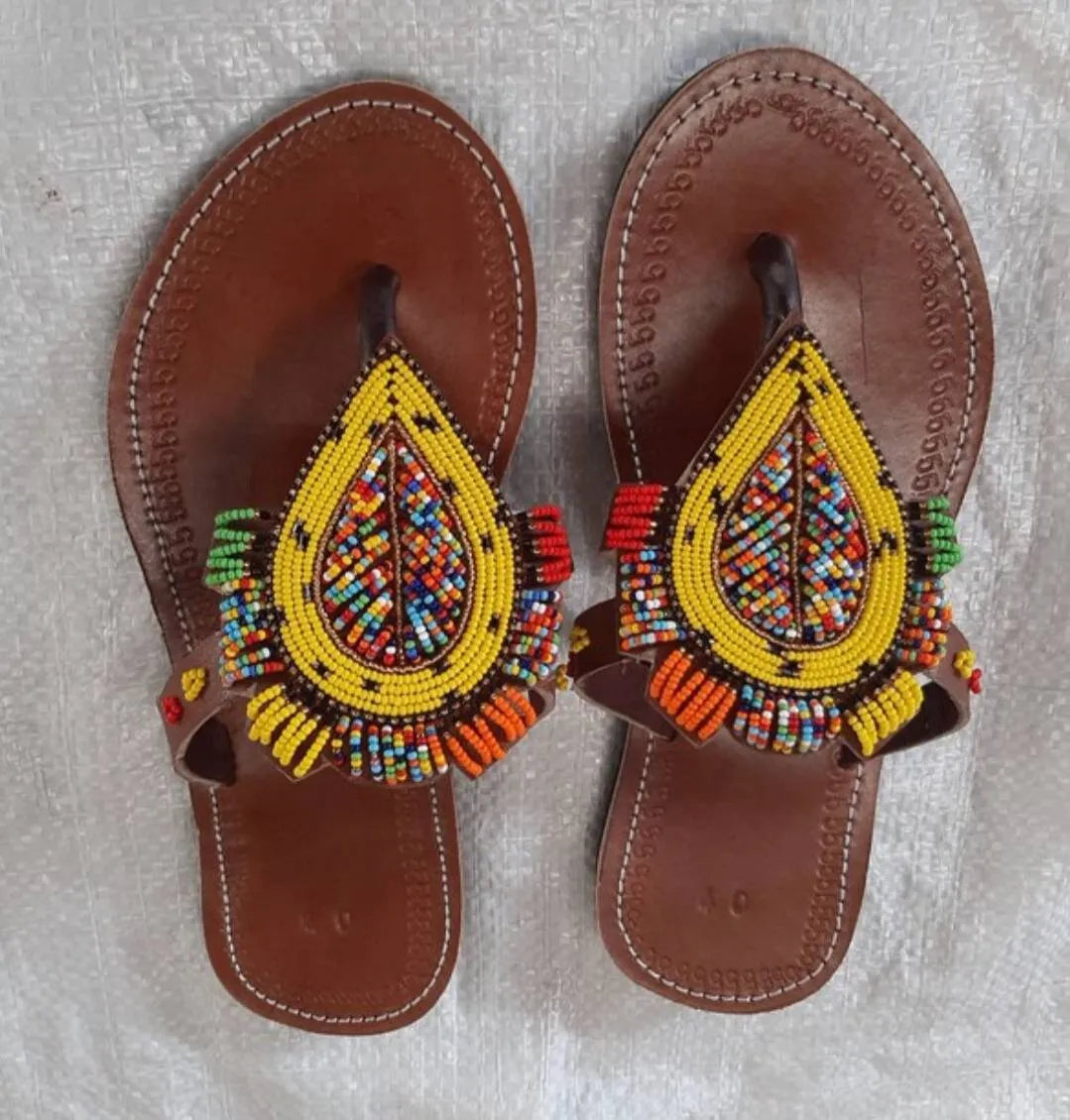 Handmade African Beaded Sandals/Authentic Maasai-Style Leather Flip-Flops Women/Boho Beach Sandals/Comfortable Summer Sandal African Gifts