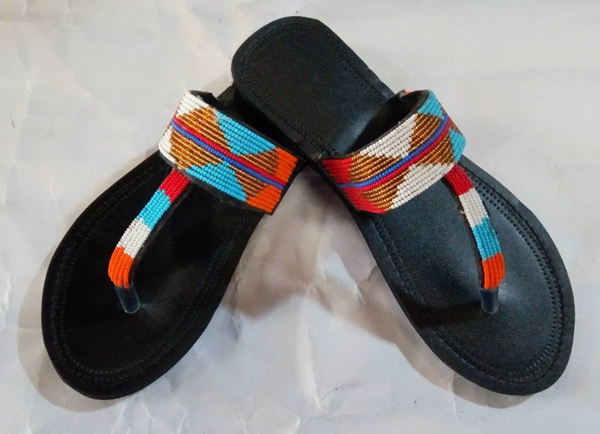 Handmade African Beaded Sandals/Authentic Maasai-Style Leather Flip-Flops Women/Boho Beach Sandals/Comfortable Summer Sandal African Gifts