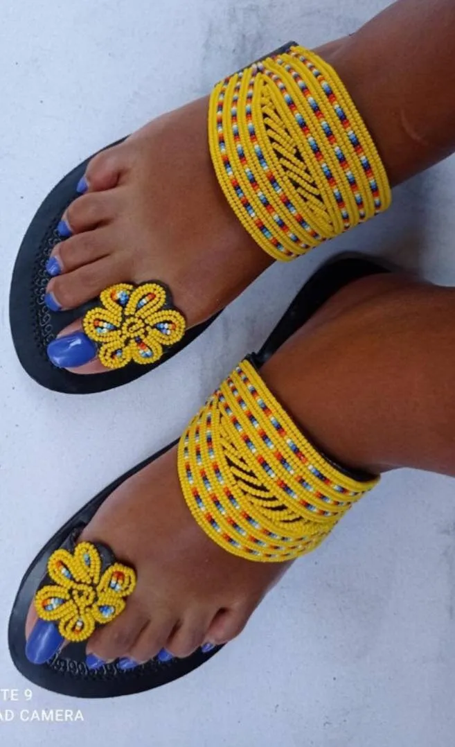 Handmade African Beaded Sandals/Authentic Maasai-Style Leather Flip-Flops Women/Boho Beach Sandals/Comfortable Summer Sandal African Gifts