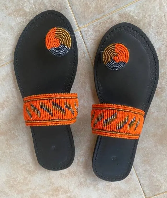 Handmade African Beaded Sandals/Authentic Maasai-Style Leather Flip-Flops Women/Boho Beach Sandals/Comfortable Summer Sandal African Gifts