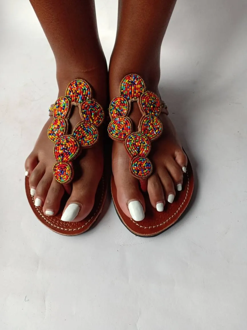 Handmade African Beaded Sandals/Authentic Maasai-Style Leather Flip-Flops Women/Boho Beach Sandals/Comfortable Summer Sandal African Gifts