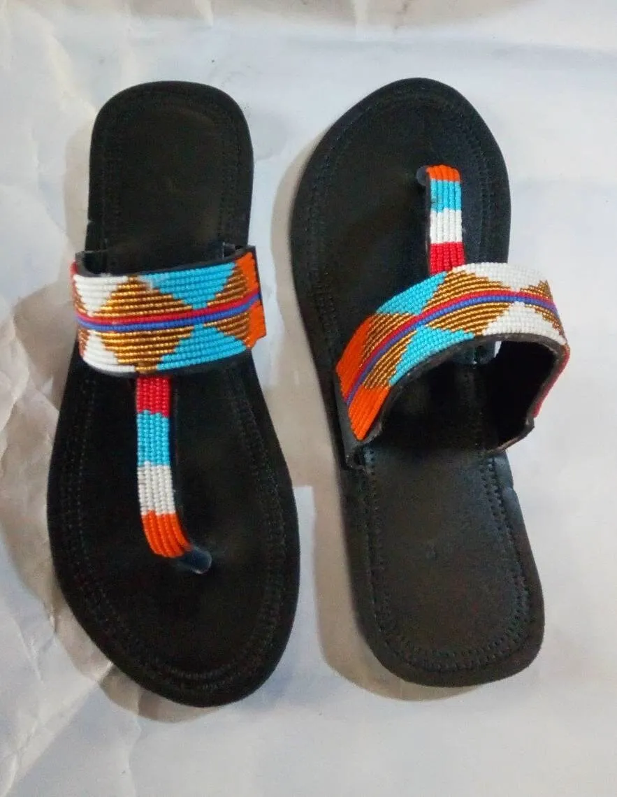 Handmade African Beaded Sandals/Authentic Maasai-Style Leather Flip-Flops Women/Boho Beach Sandals/Comfortable Summer Sandal African Gifts