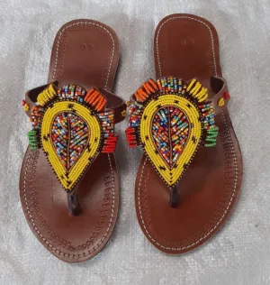 Handmade African Beaded Sandals/Authentic Maasai-Style Leather Flip-Flops Women/Boho Beach Sandals/Comfortable Summer Sandal African Gifts