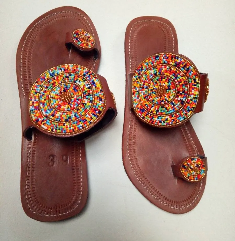 Handmade African Beaded Sandals/Authentic Maasai-Style Leather Flip-Flops Women/Boho Beach Sandals/Comfortable Summer Sandal African Gifts
