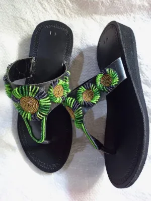 Handmade African Beaded Sandals/Authentic Maasai-Style Leather Flip-Flops Women/Boho Beach Sandals/Comfortable Summer Sandal African Gifts