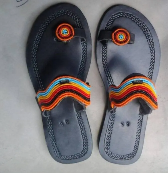 Handmade African Beaded Sandals/Authentic Maasai-Style Leather Flip-Flops Women/Boho Beach Sandals/Comfortable Summer Sandal African Gifts