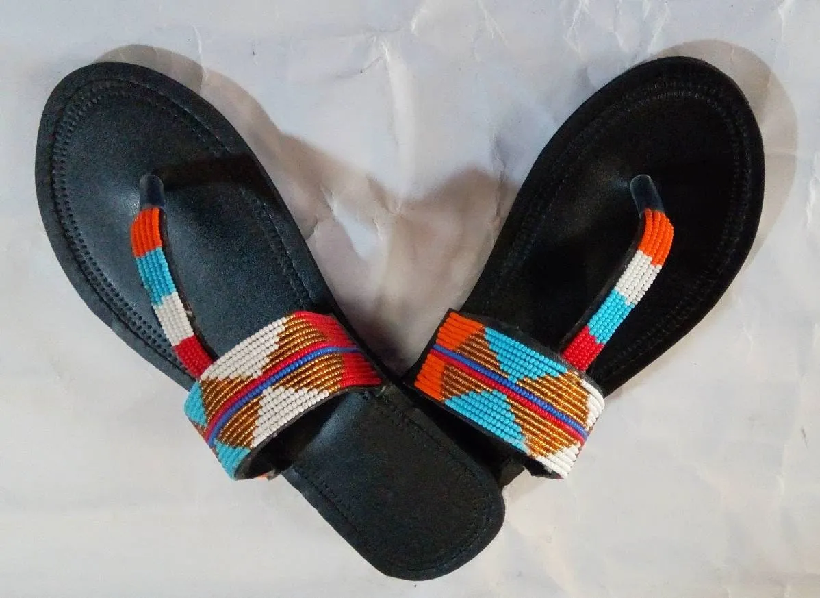 Handmade African Beaded Sandals/Authentic Maasai-Style Leather Flip-Flops Women/Boho Beach Sandals/Comfortable Summer Sandal African Gifts
