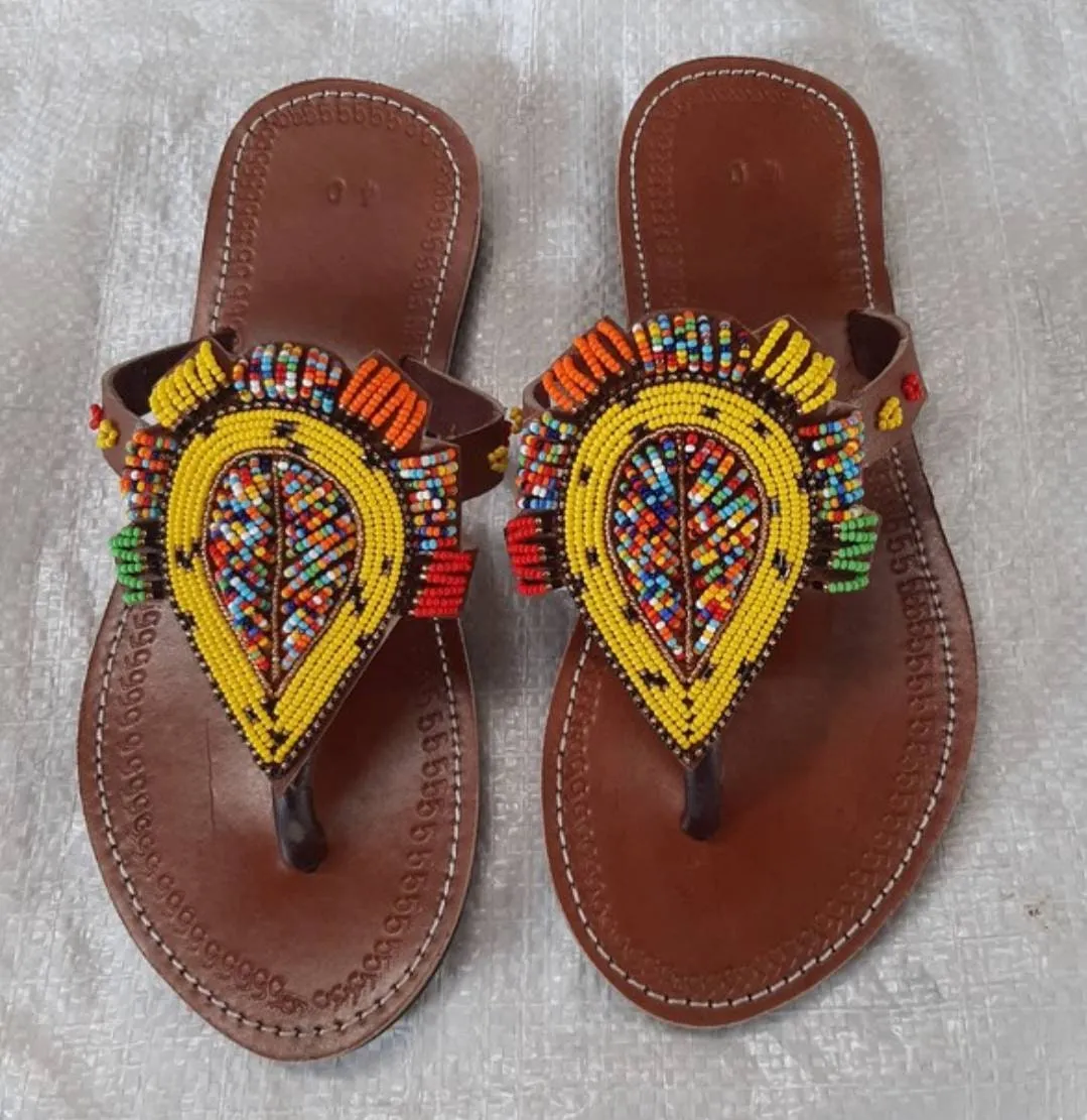 Handmade African Beaded Sandals/Authentic Maasai-Style Leather Flip-Flops Women/Boho Beach Sandals/Comfortable Summer Sandal African Gifts