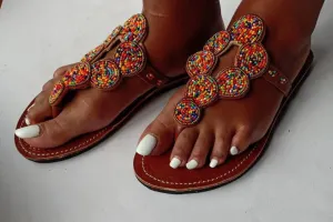 Handmade African Beaded Sandals/Authentic Maasai-Style Leather Flip-Flops Women/Boho Beach Sandals/Comfortable Summer Sandal African Gifts
