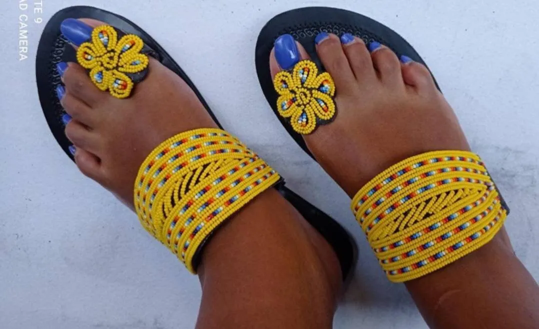 Handmade African Beaded Sandals/Authentic Maasai-Style Leather Flip-Flops Women/Boho Beach Sandals/Comfortable Summer Sandal African Gifts