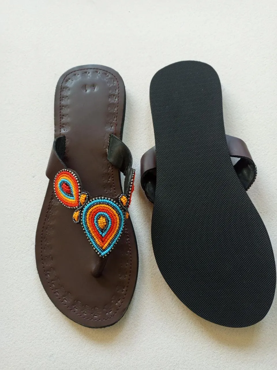 Handmade African Beaded Sandals/Authentic Maasai-Style Leather Flip-Flops Women/Boho Beach Sandals/Comfortable Summer Sandal African Gifts